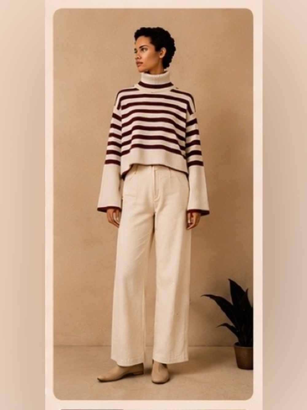 Toteme Cropped Striped Turtleneck Sweater in Cream and Brown